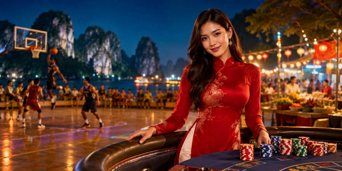 Người phụ nữ áo dài đặt cược bóng rổ trực tuyến tại vịnh Hạ Long