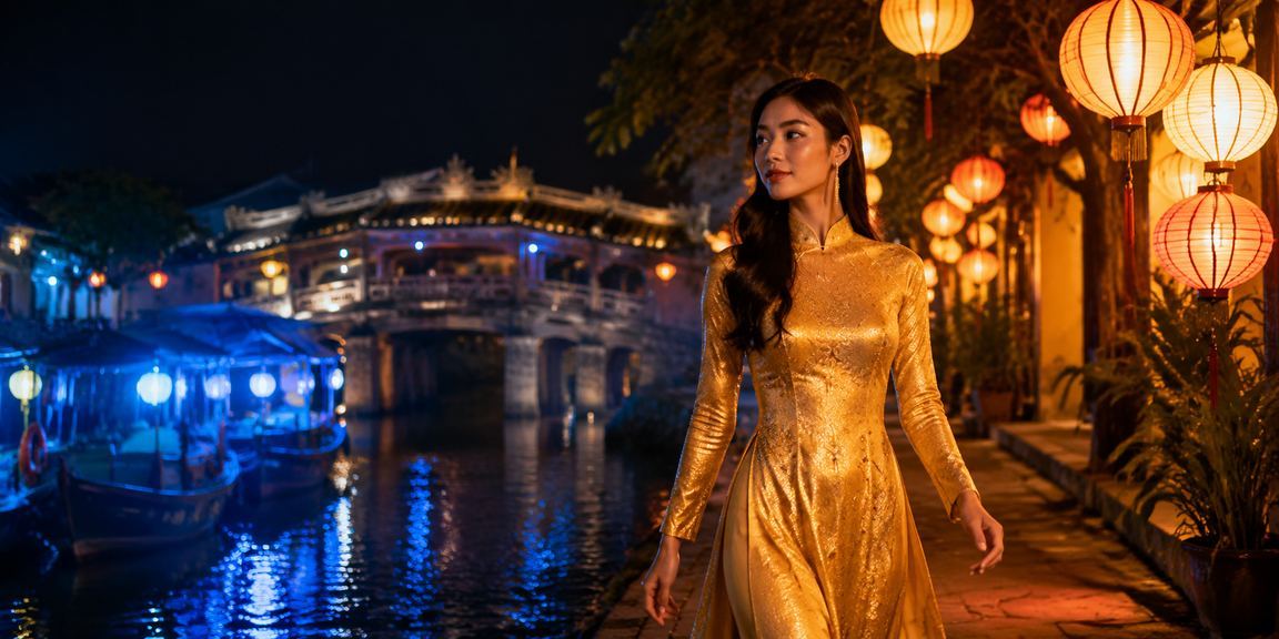 Người phụ nữ mặc áo dài Hội An đọc điều khoản và tham gia casino trực tuyến
